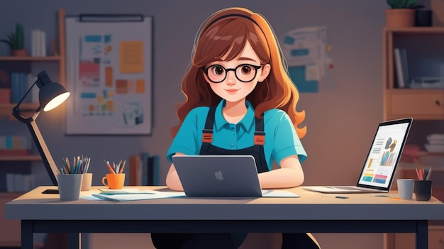 a girl with glasses is working on a laptop in a room with a cup of coffee