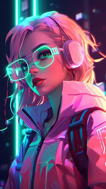 A girl with glasses and a neon light