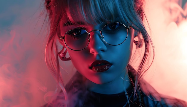 a girl with glasses and a red and blue shirt is wearing a black shirt with a red and blue light