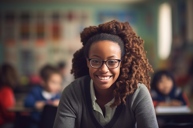 A girl with glasses smiles at the camera in a classroom.