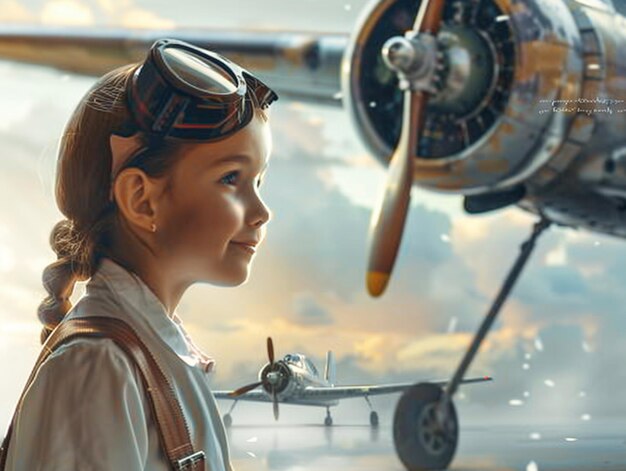 Photo a girl with goggles on her head looks up at a plane