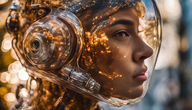 a girl with a gold helmet and a firework mask