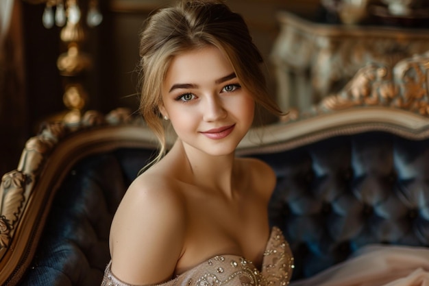 a girl with a gold sequined dress is sitting in front of a mirror