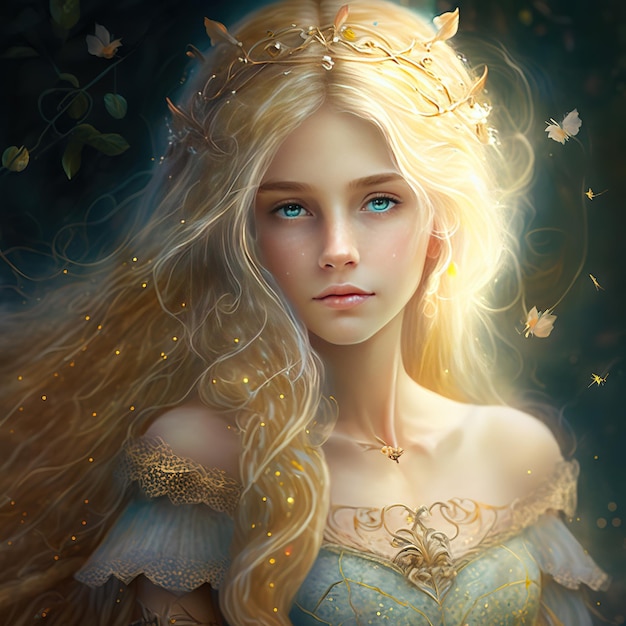 A girl with a golden crown and blue eyes