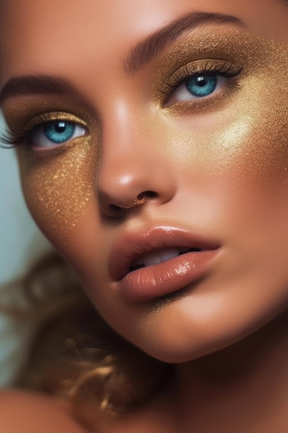 A girl with golden eyes and golden makeup