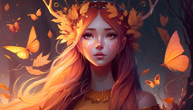 A girl with golden leaves on her head