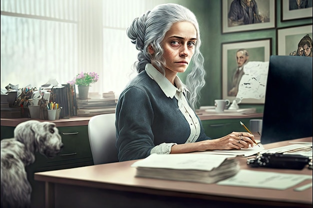 Girl with gray hair sitting behind desk and working in office at hospital reception