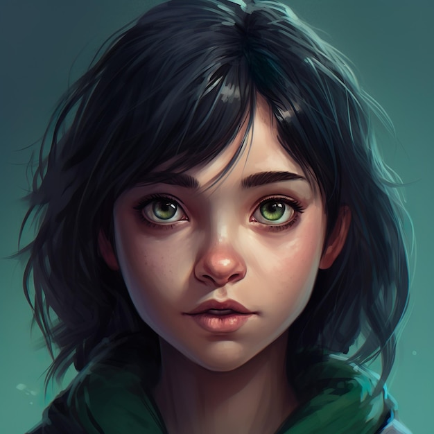 A girl with green eyes and a green hoodie.