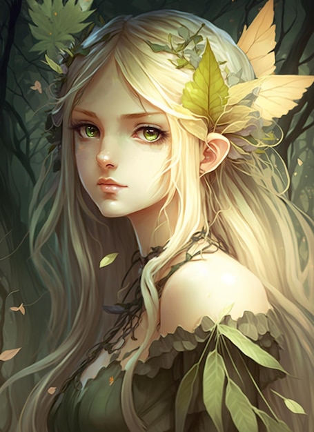 A girl with green eyes and a leaf wreath on her head