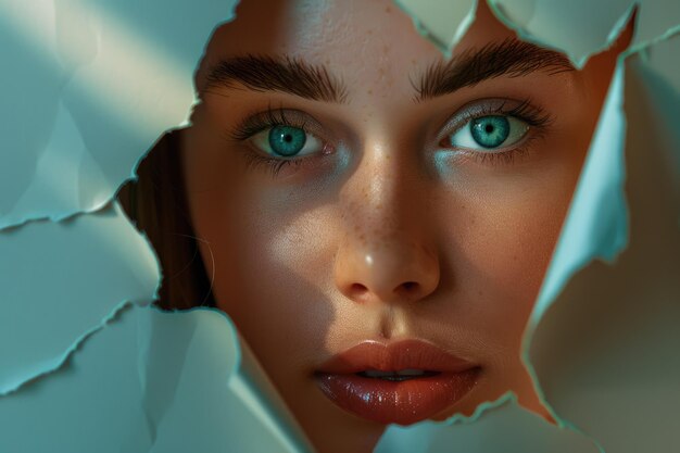 Girl with green eyes and makeup looks through colored paper