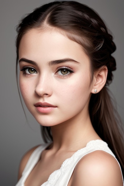 A girl with green eyes and a white tank top