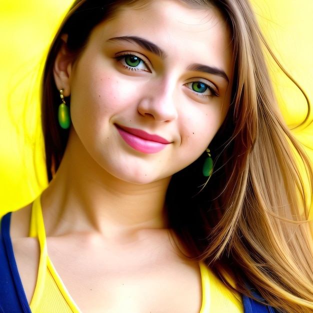 A girl with green eyes and a yellow and blue top