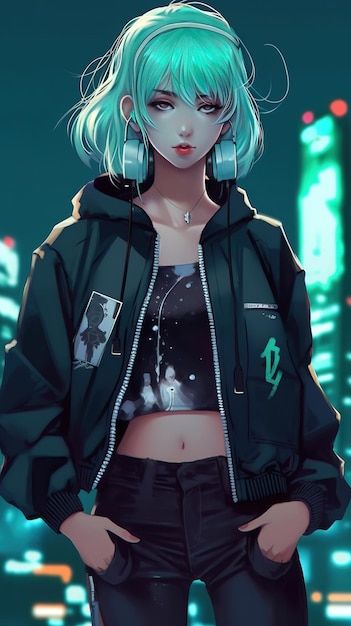 Girl with a green hair and a black jacket