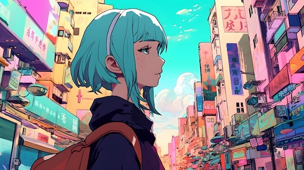 A girl with green hair and a blue hair walks down a street in front of a building with a banner that says'i love you '