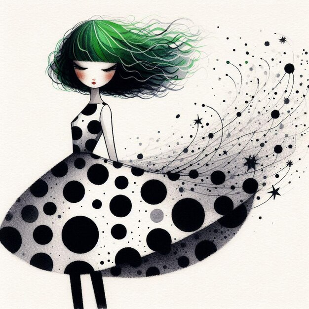 Photo girl with green hair embracing creativity with a swirl of polka dots and vibrant hair