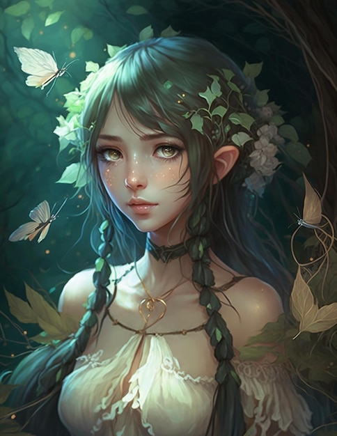 A girl with green hair and green eyes stands in a forest with butterflies around her.