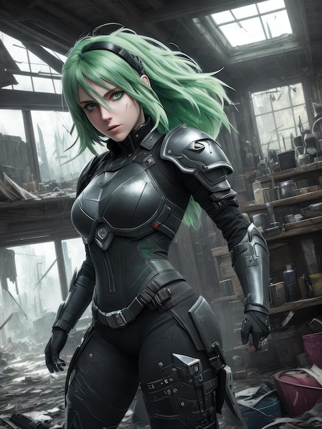 A girl with green hair and green hair stands in a dirty room with a bunch of junk in the background