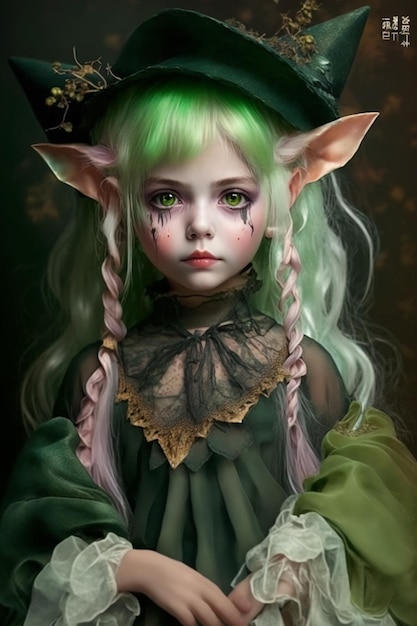 A girl with green hair and green hair with pink eyes and a green hat.