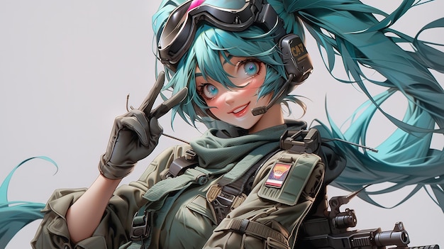 A girl with a green hair and a green hair with the word army on the front.