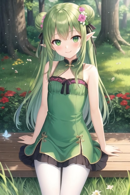 A girl with green hair sits on a bench in a garden.