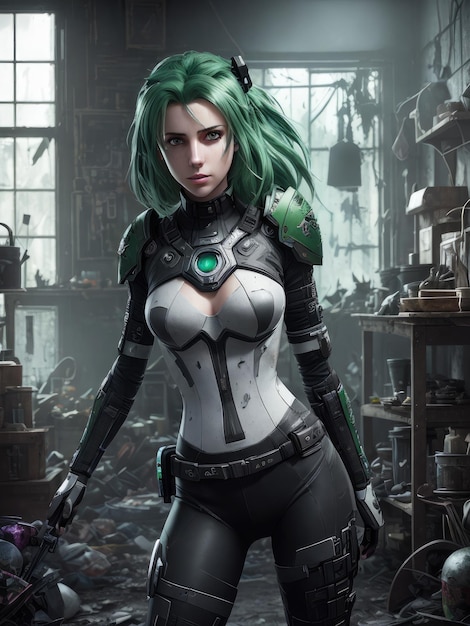 A girl with green hair stands in front of a messy building.