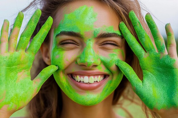 Photo a girl with green paint on her face and the green paint on her face