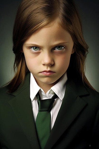 A girl with a green tie and a green shirt with the word " on it "