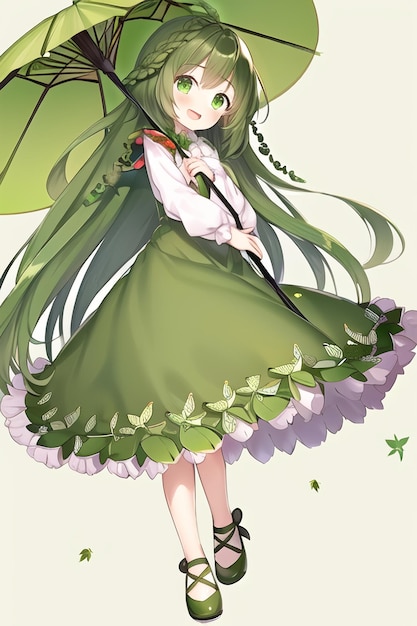 A girl with a green umbrella and a flower on her hair