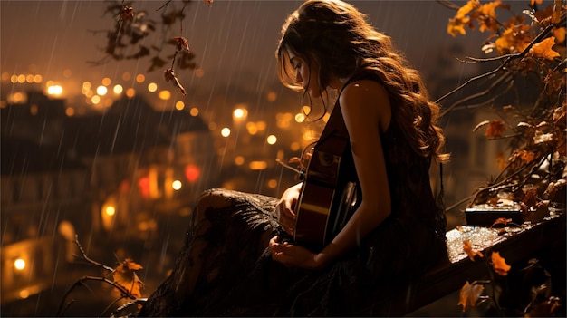 Photo a girl with a guitar in the rain