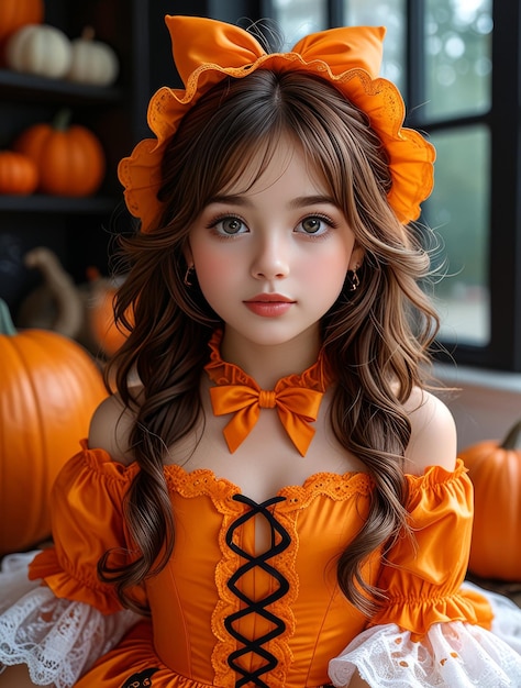 a girl with a halloween costume and a bow on her head