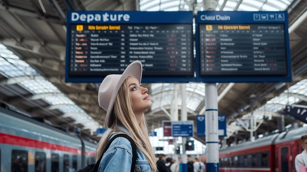 Photo a girl with a hat and backpack is standing in front of a sign that says travel