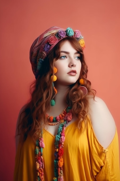 A girl with a hat and beads on her head