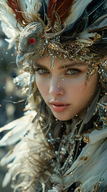 a girl with a hat and feathers in the snow