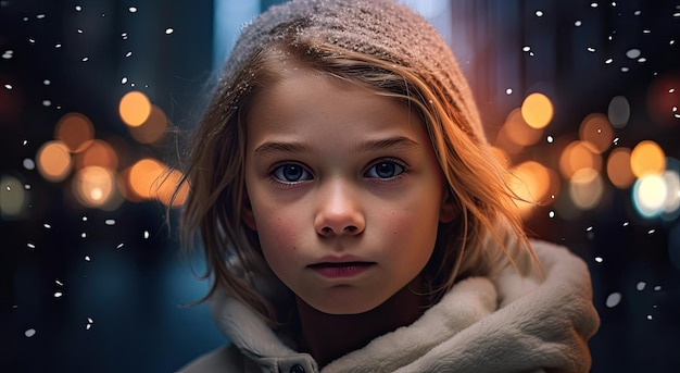 A girl with a hat on and a light in the background