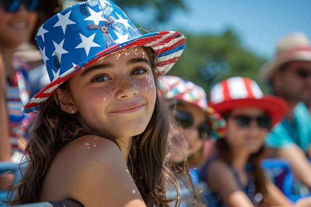 a girl with a hat that says american flag on it