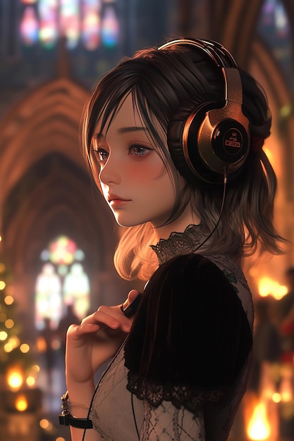 A girl with a headphone in front of a church