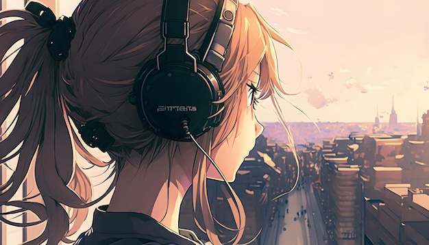 A girl with a headphone in front of a city