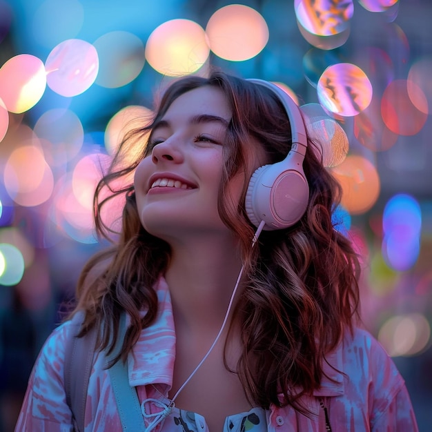 A girl with headphones on and a colorful background