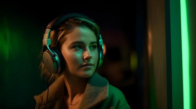 A girl with headphones in a dark room