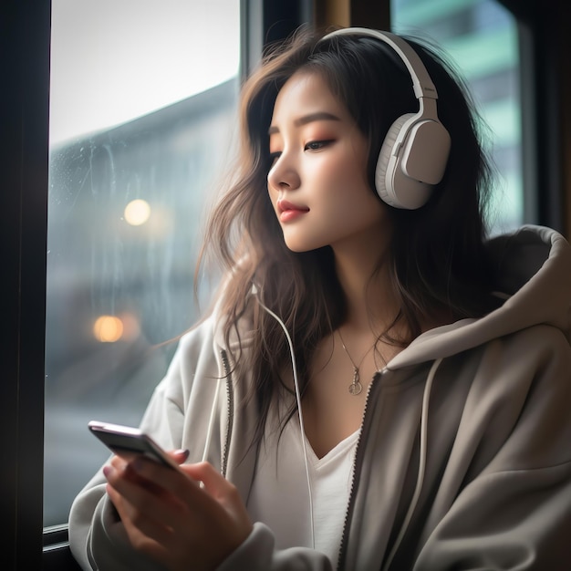 Girl with headphones on enjoying music Generative ai