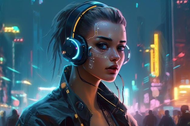 A girl with headphones in front of a neon city