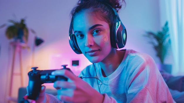 Photo a girl with headphones and a gun pointing to the camera