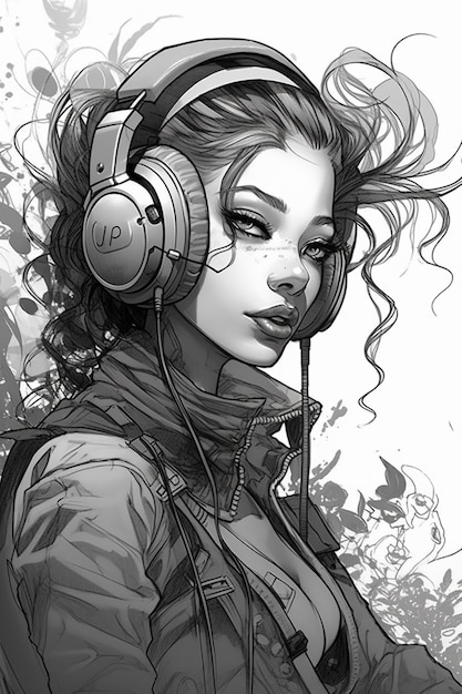 A girl with headphones on her head