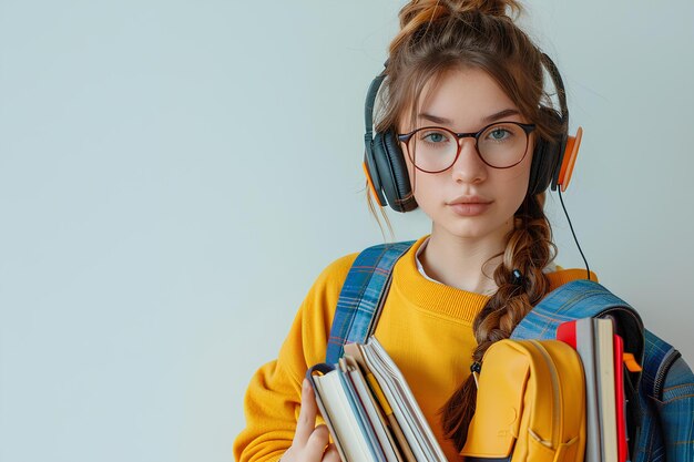 A girl with headphones holding a stack of books