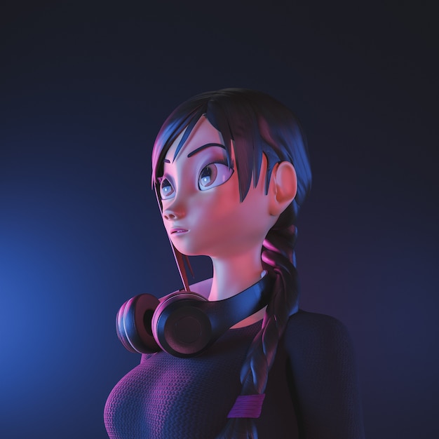 girl with headphones and neon lighting stylized 3d character