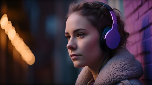 A girl with headphones on and a pink headphone on the left