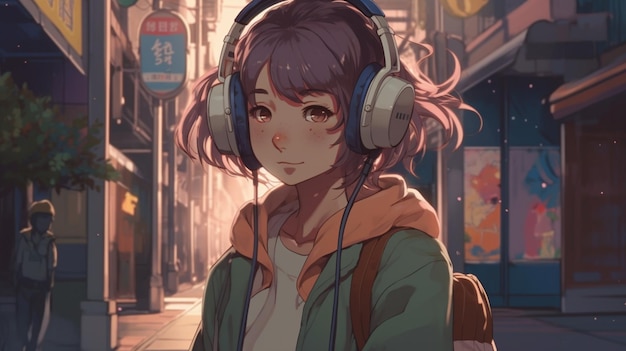 A girl with a headphones on in a street