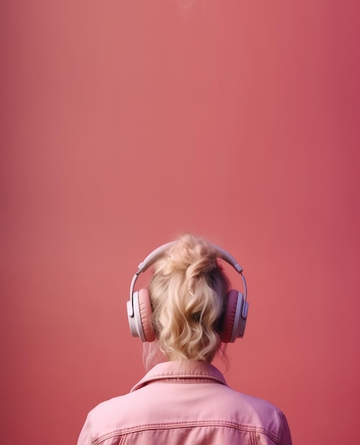 Girl with headphones view from the back on a pink background Generative Ai