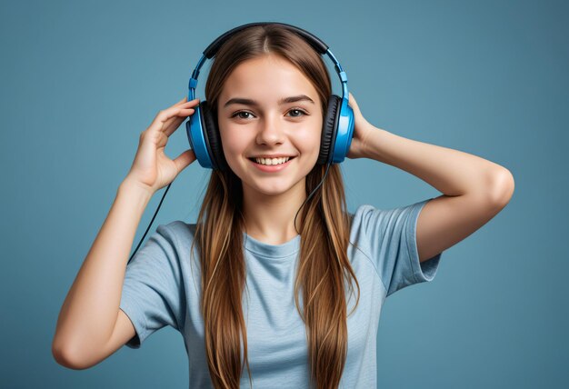 Photo a girl with headphones on and wearing a blue shirt