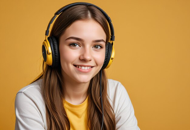 Photo a girl with headphones on and a yellow background